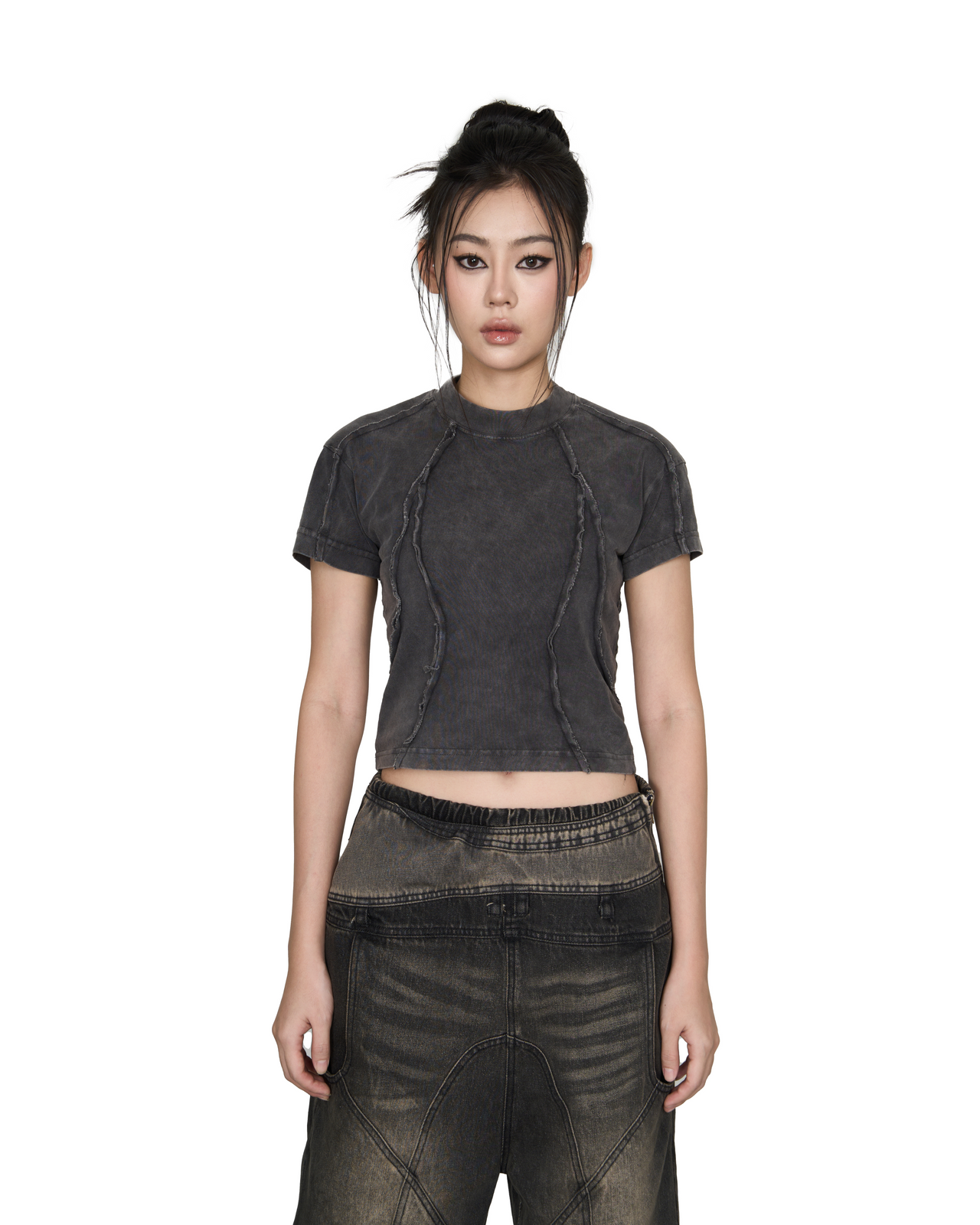Washed Panelled Baby Tee - Charcoal