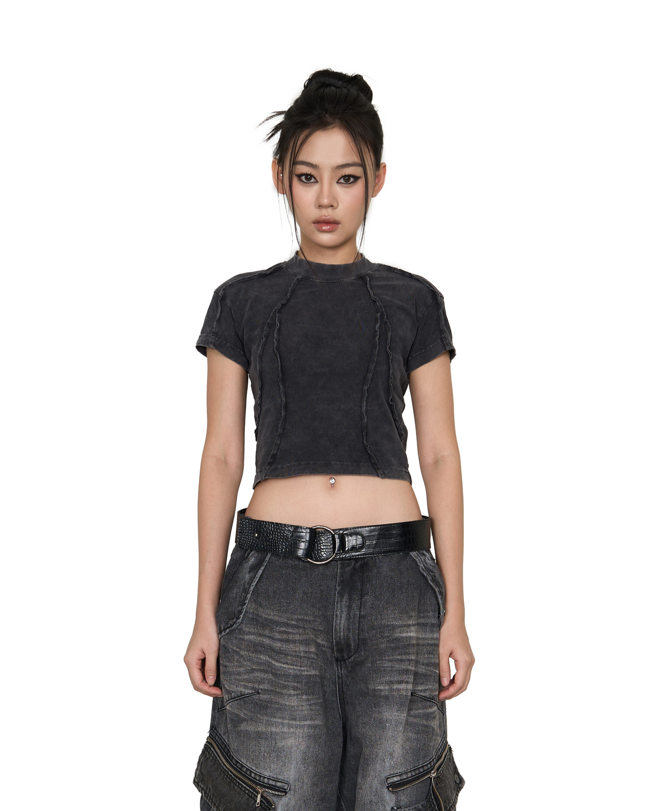 Washed Panelled Baby Tee - Black