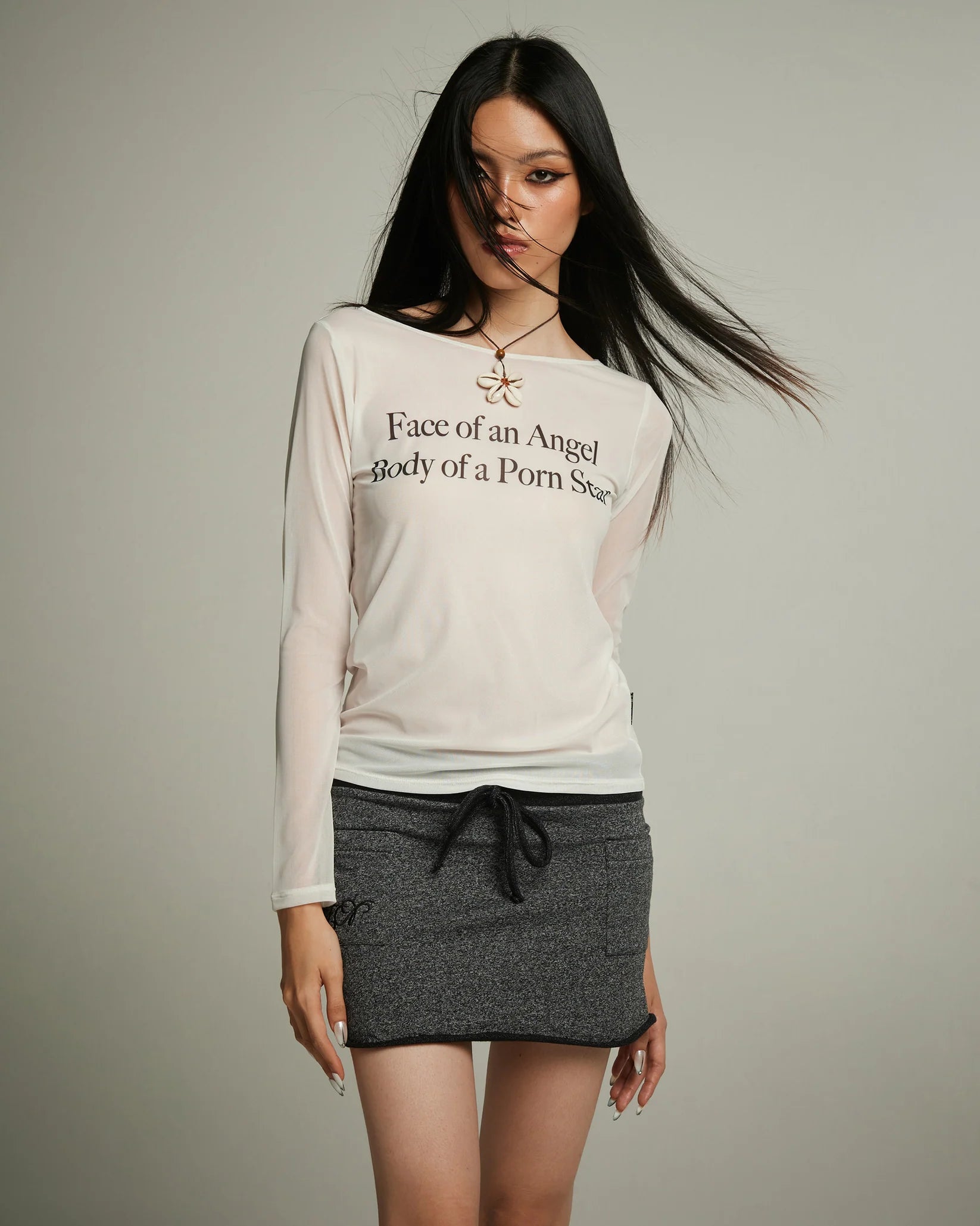 Long Sleeve Mesh Top (White)