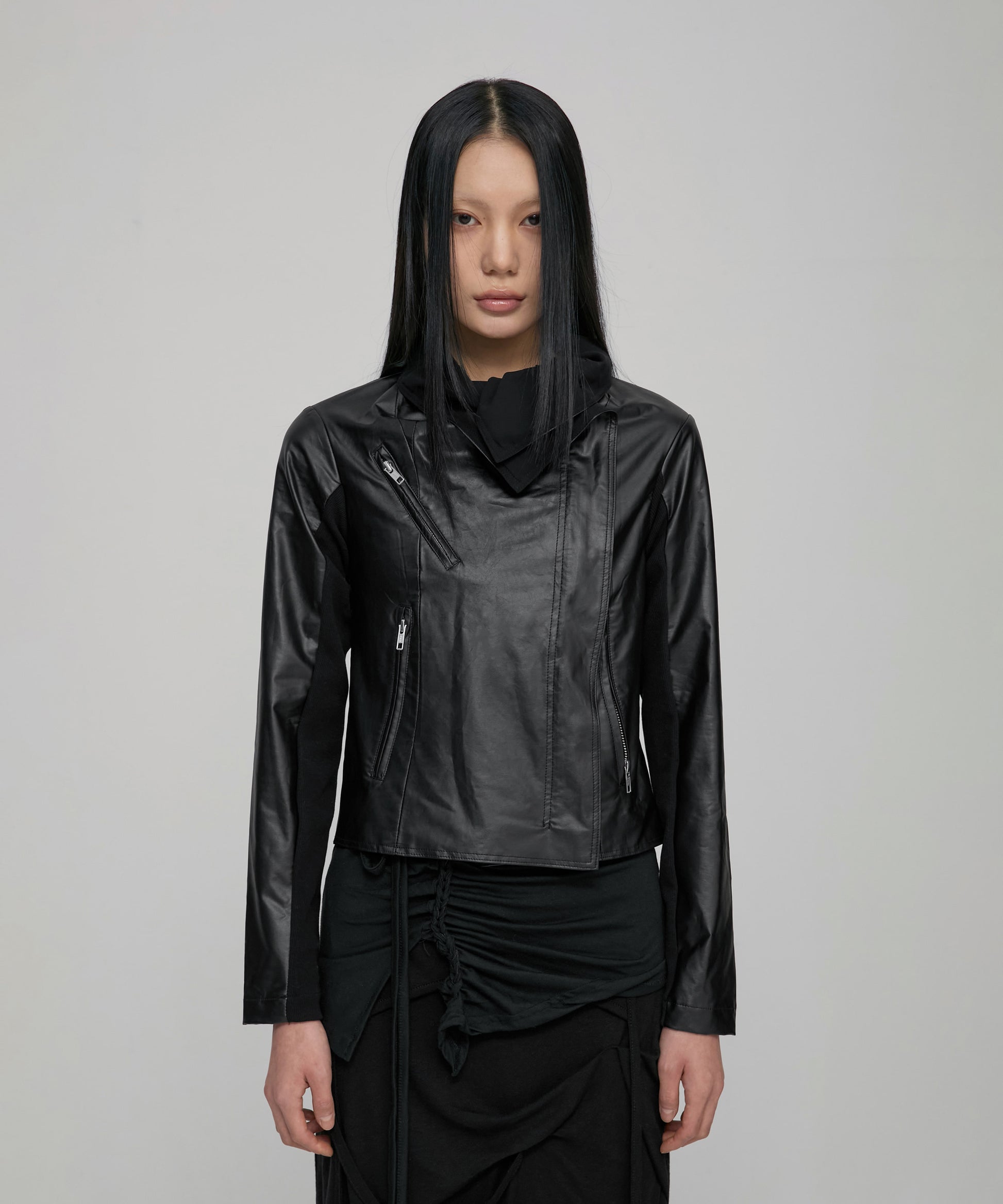 Asymmetrical Biker Leather Jacket (Black)