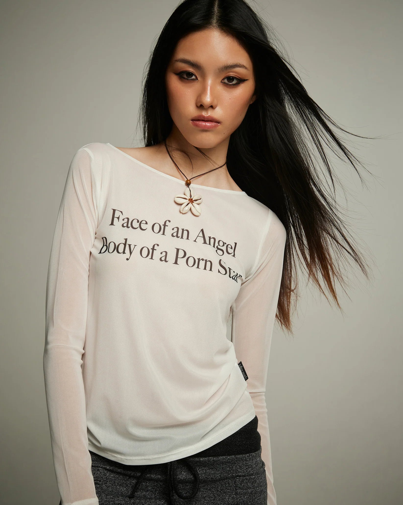 Long Sleeve Mesh Top (White)