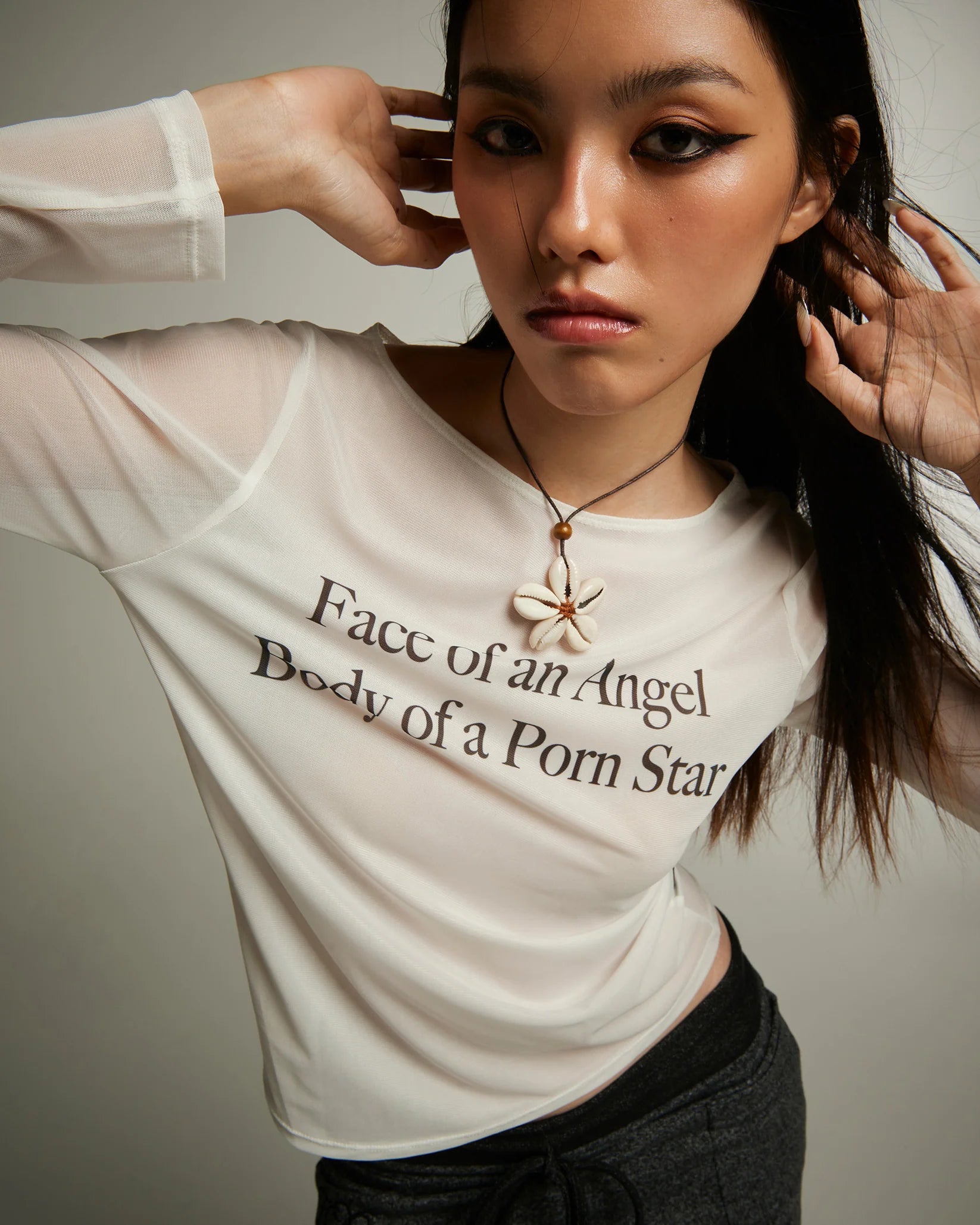 Long Sleeve Mesh Top (White)