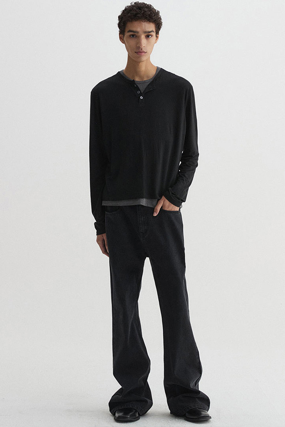 Layered Henley Neck Long Sleeve Black