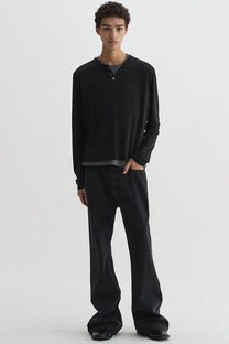 Layered Henley Neck Long Sleeve Black