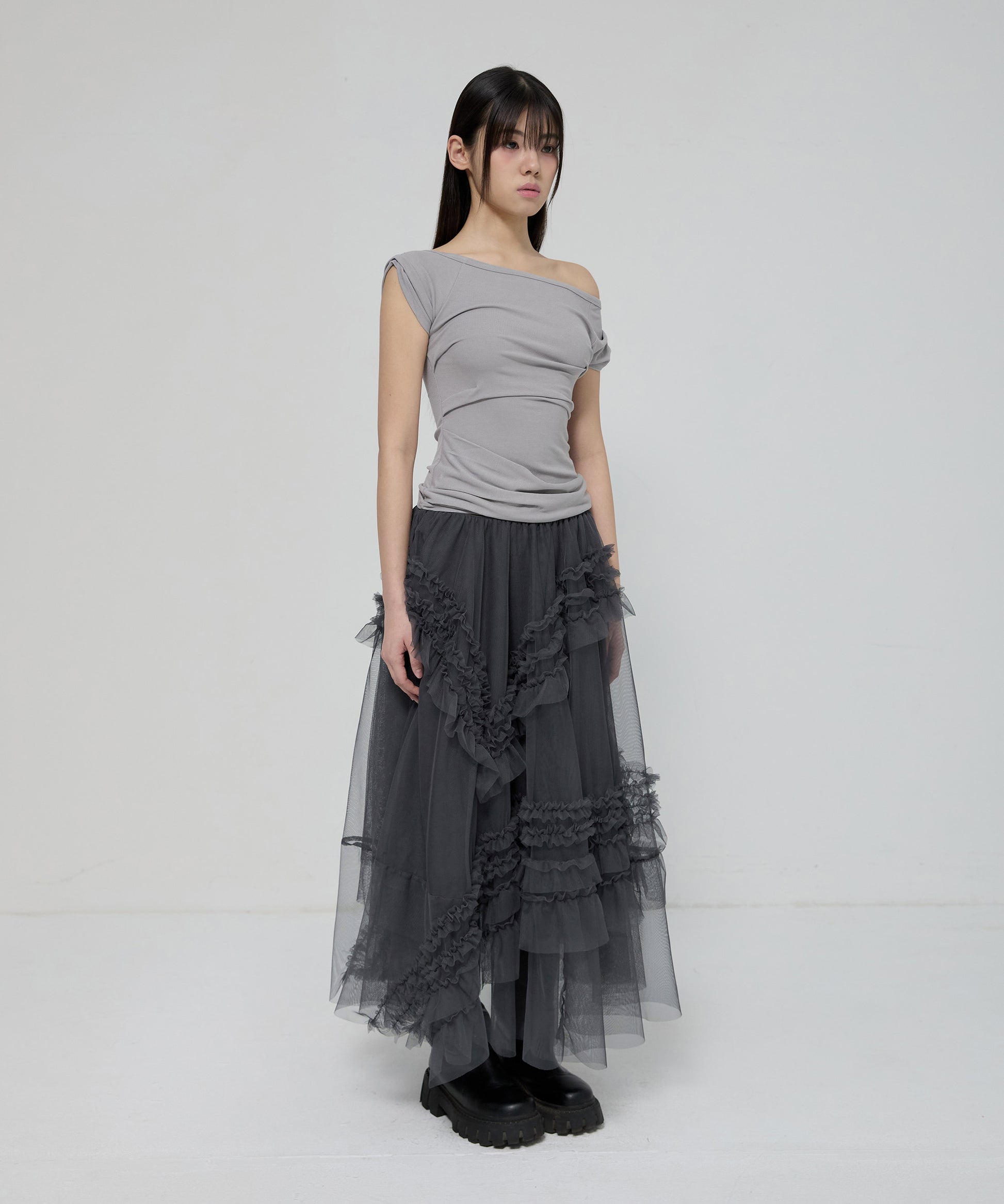 Tulle Layered Long Skirts (Charcoal)