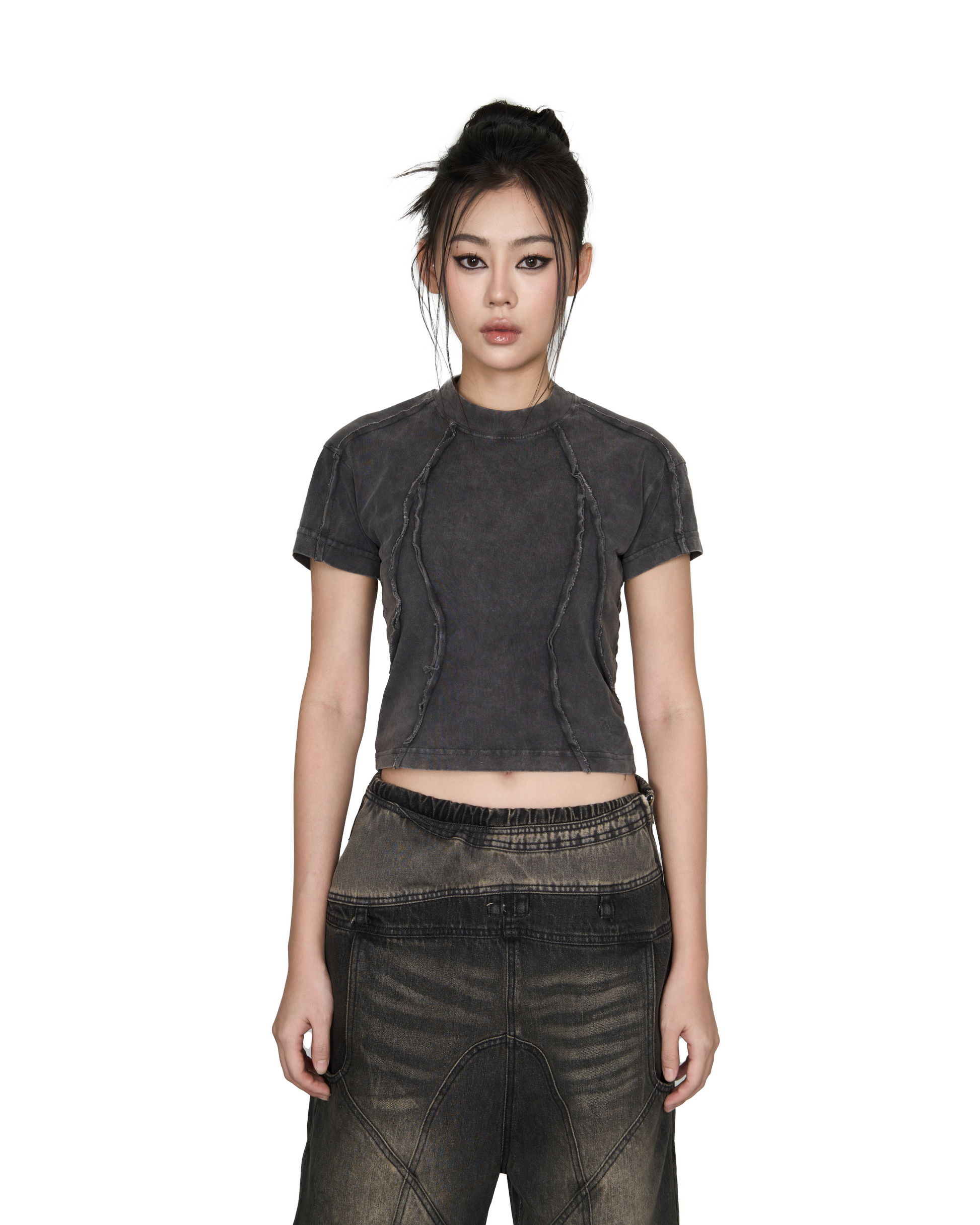 Washed Panelled Baby Tee - Grey