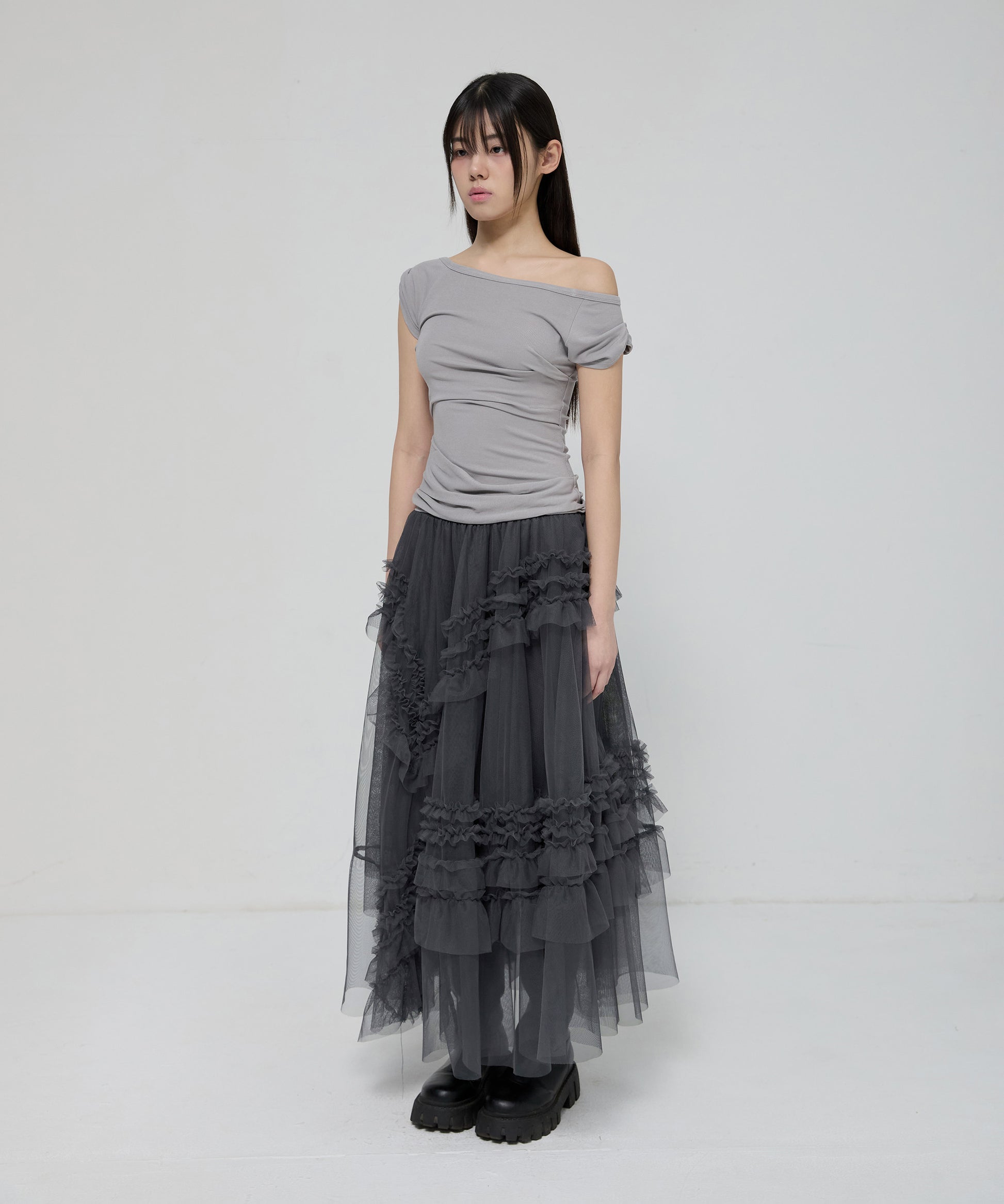 Tulle Layered Long Skirts (Charcoal)