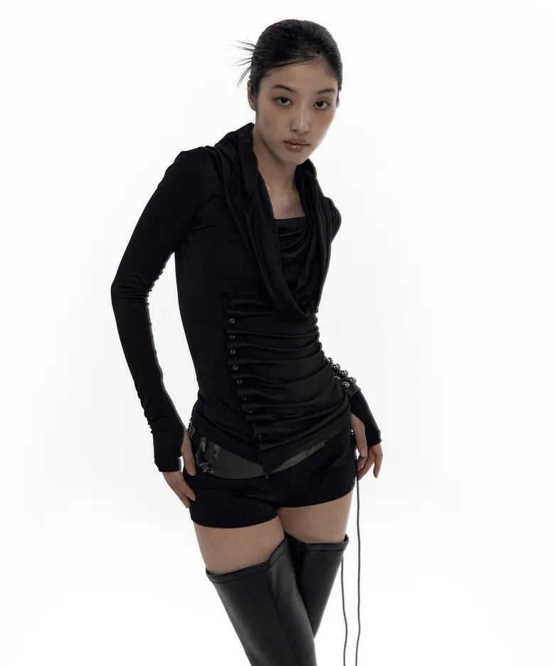 Cowl Button Long Sleeve Black