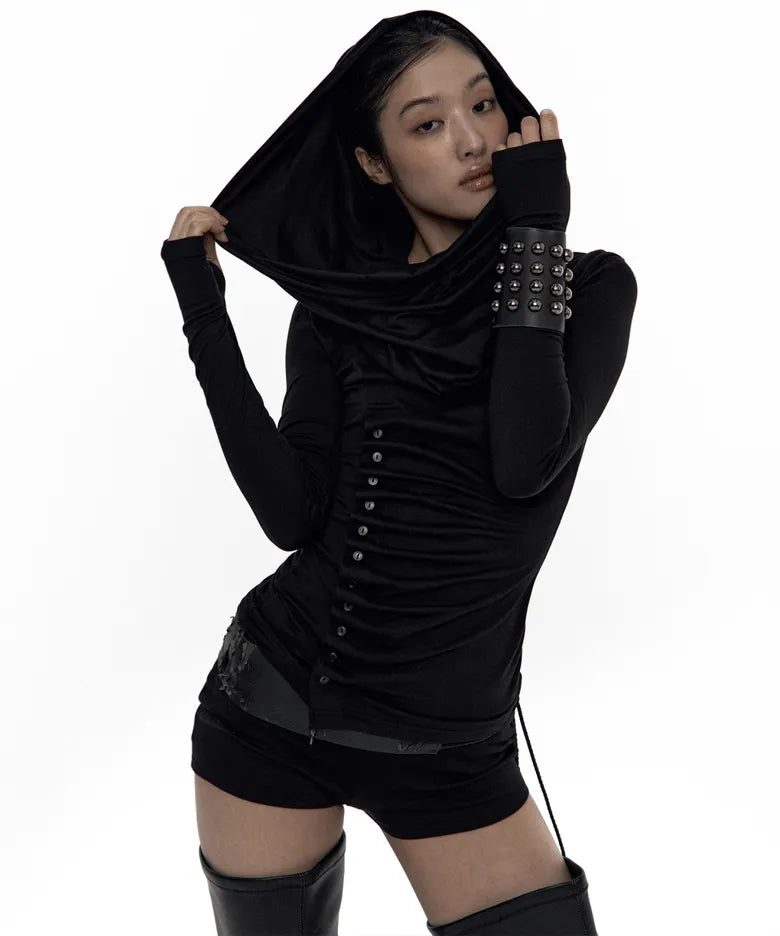 Cowl Button Long Sleeve Black