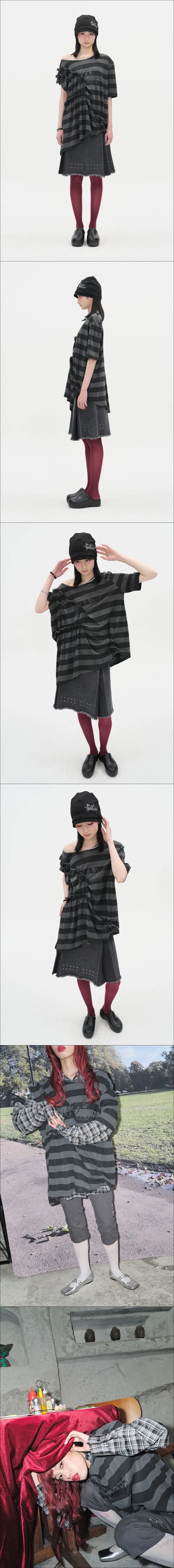 Asymmetric Off Shoulder Stripe Top [Charcoal]