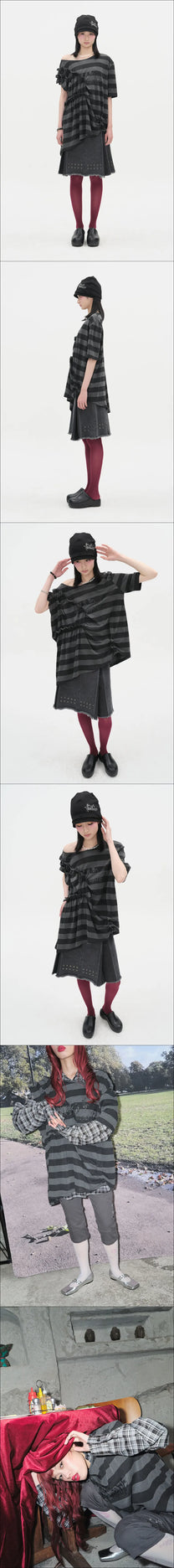 Asymmetric Off Shoulder Stripe Top [Charcoal]