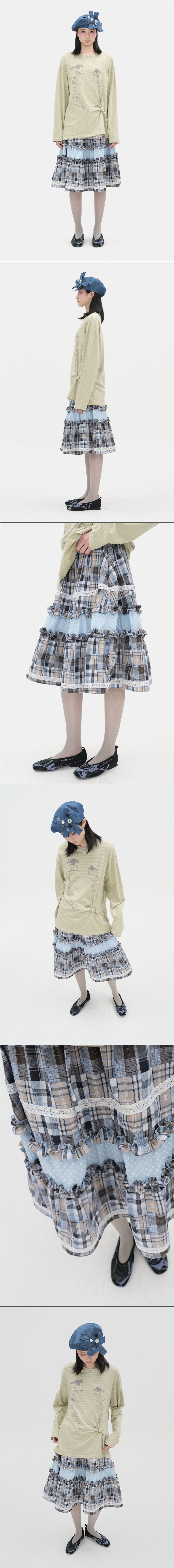 Lace Trim Ruffled Check Skirt [Blue]