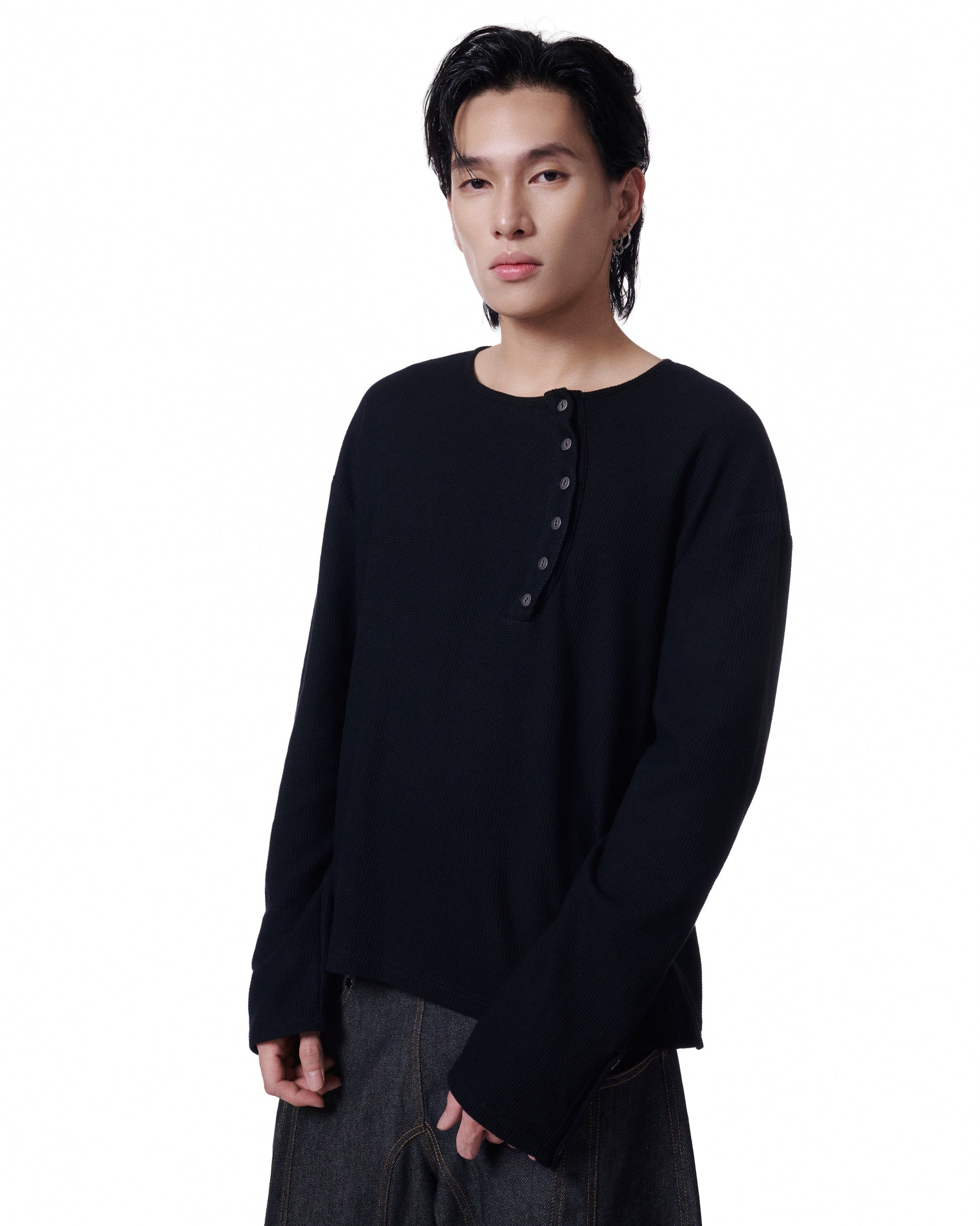Henley Long Sleeve Oversized (Black) *BACKORDER