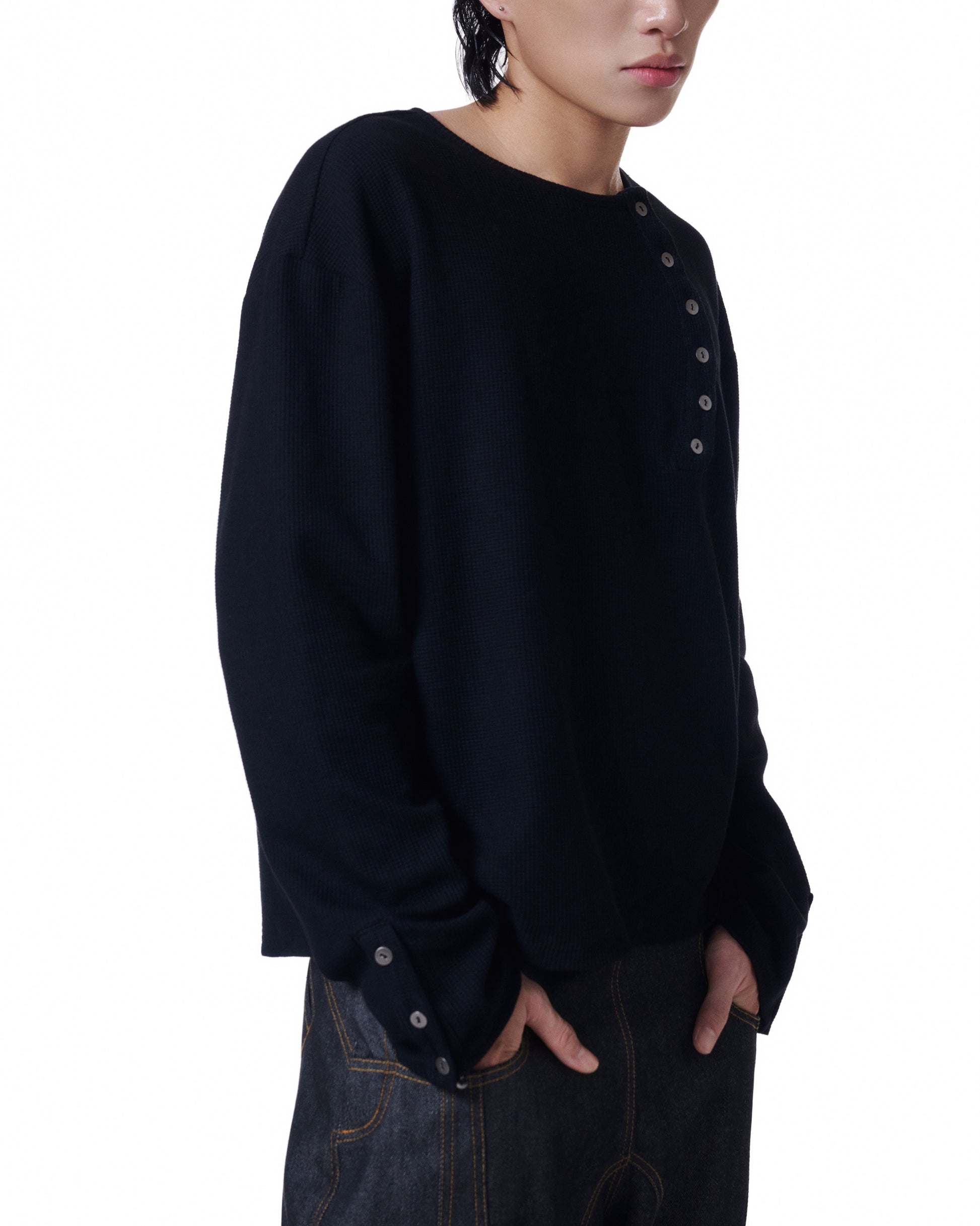 Henley Long Sleeve Oversized (Black) *BACKORDER
