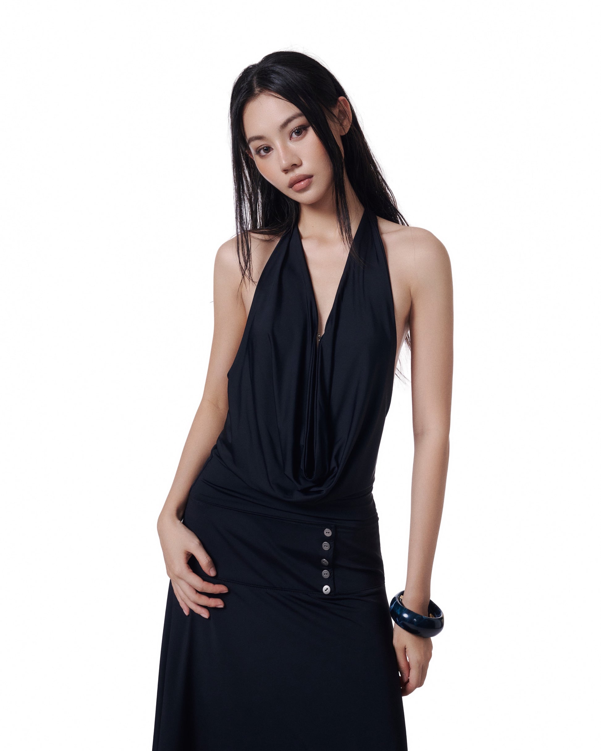 Black Halter Drape Top