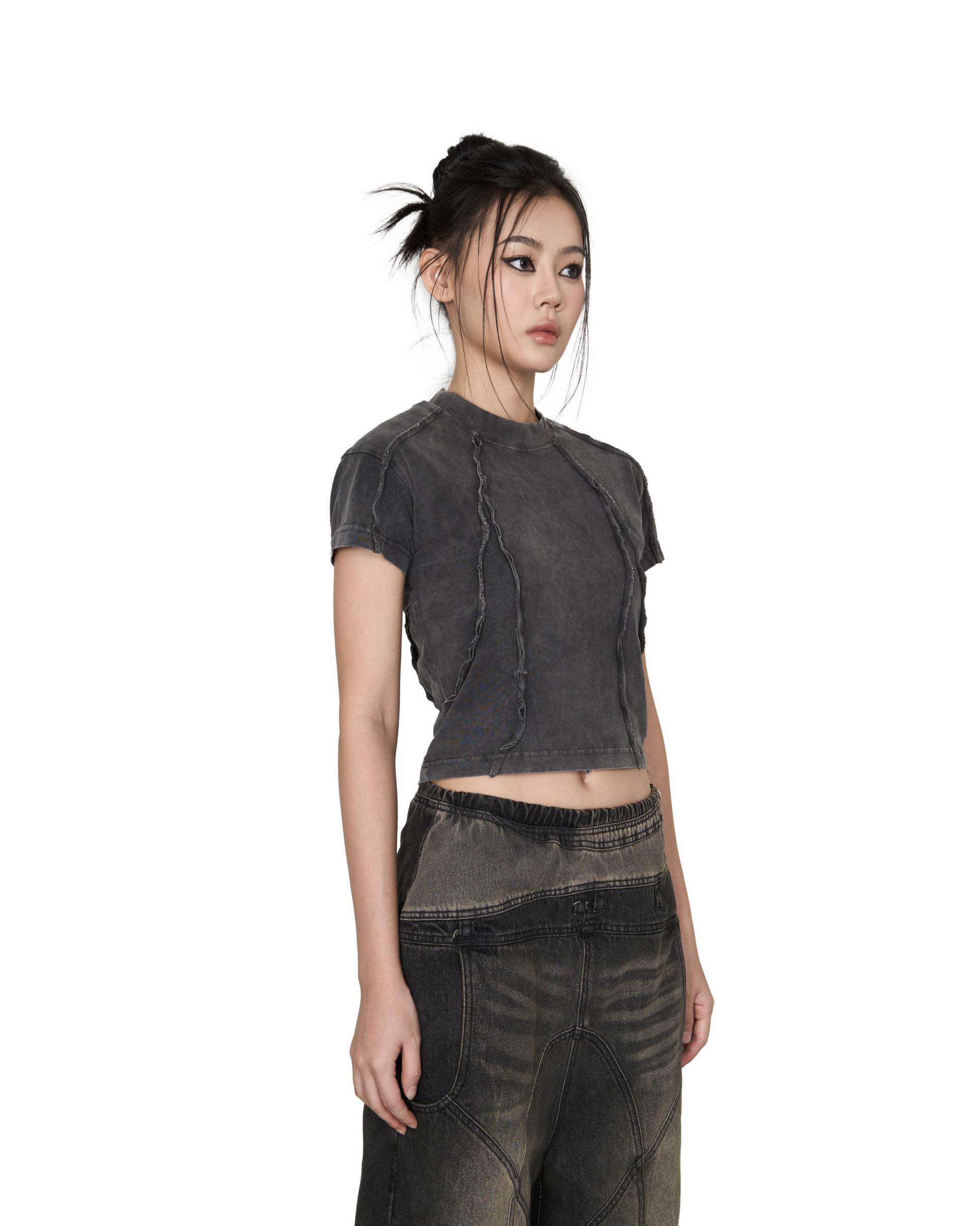 Washed Panelled Baby Tee - Grey