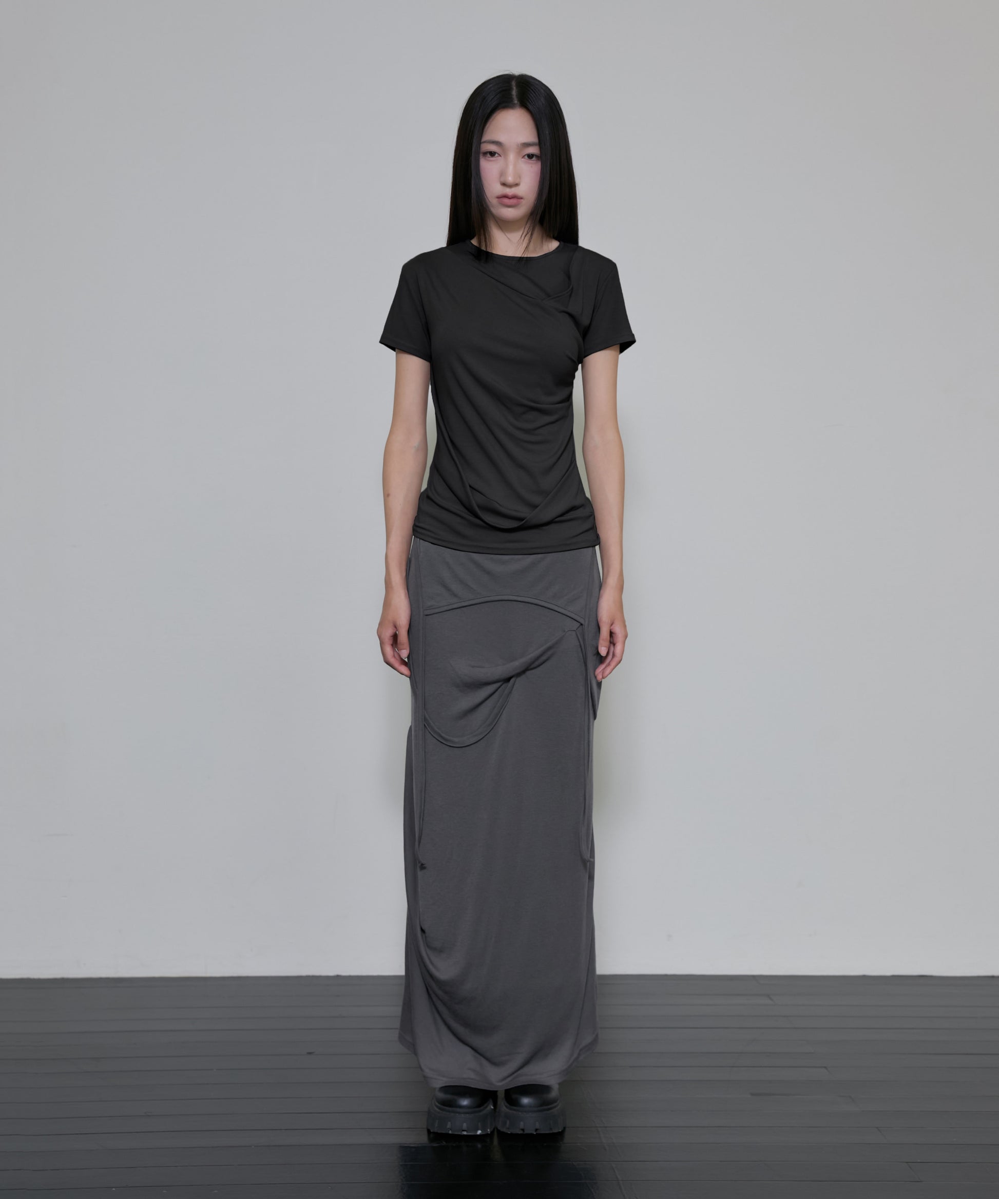 Asymmetrical Draped T-Shirt (Black)