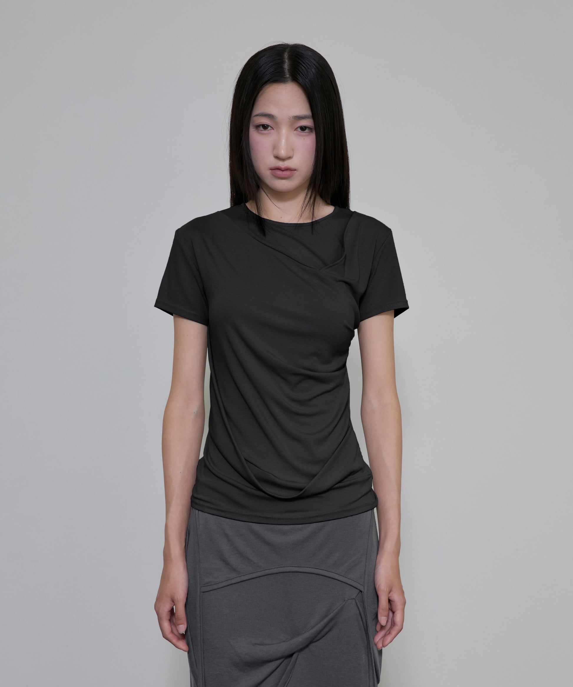 Asymmetrical Draped T-Shirt (Black)