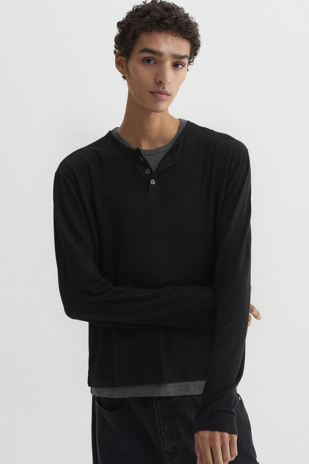 Layered Henley Neck Long Sleeve Black