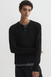 Layered Henley Neck Long Sleeve Black