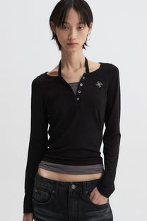 Layered Henley Neck Long Sleeve Black