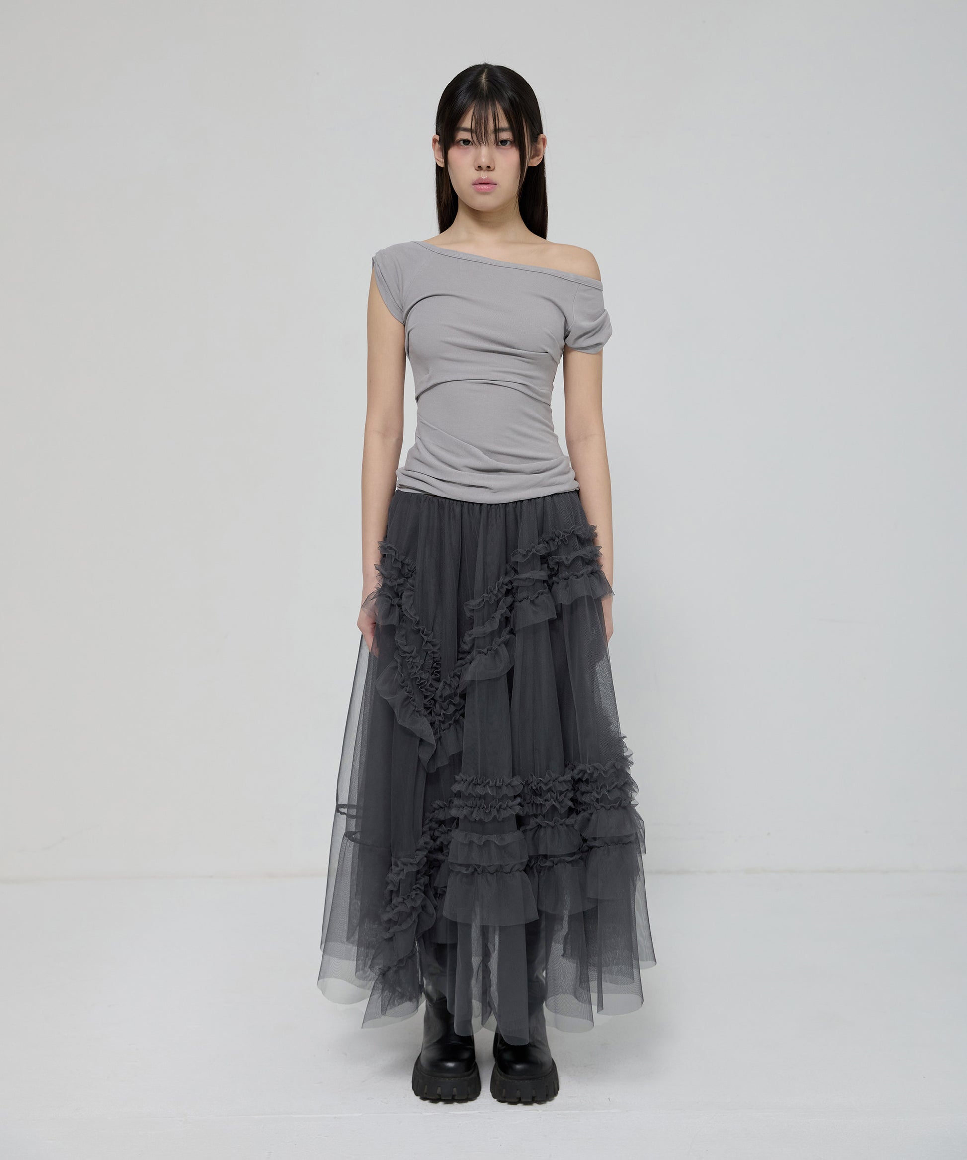 Tulle Layered Long Skirts (Charcoal)