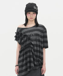 Asymmetric Off Shoulder Stripe Top [Charcoal]
