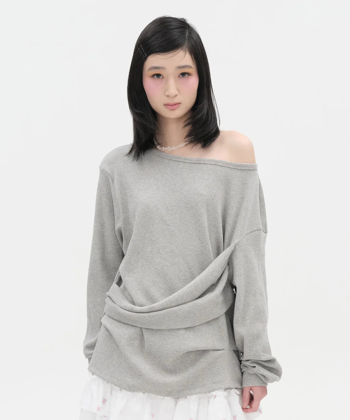 Textured Ruched Off Shoulder Top [Gray]