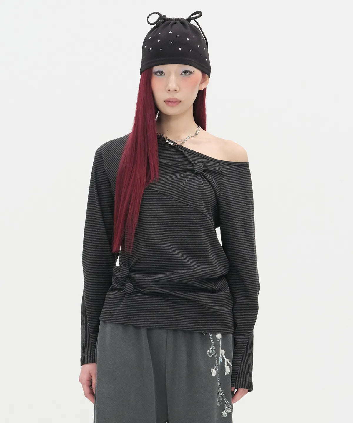 Striped Seam Button Top [Black]
