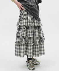 Voluminous Check Tier Skirt [Black]