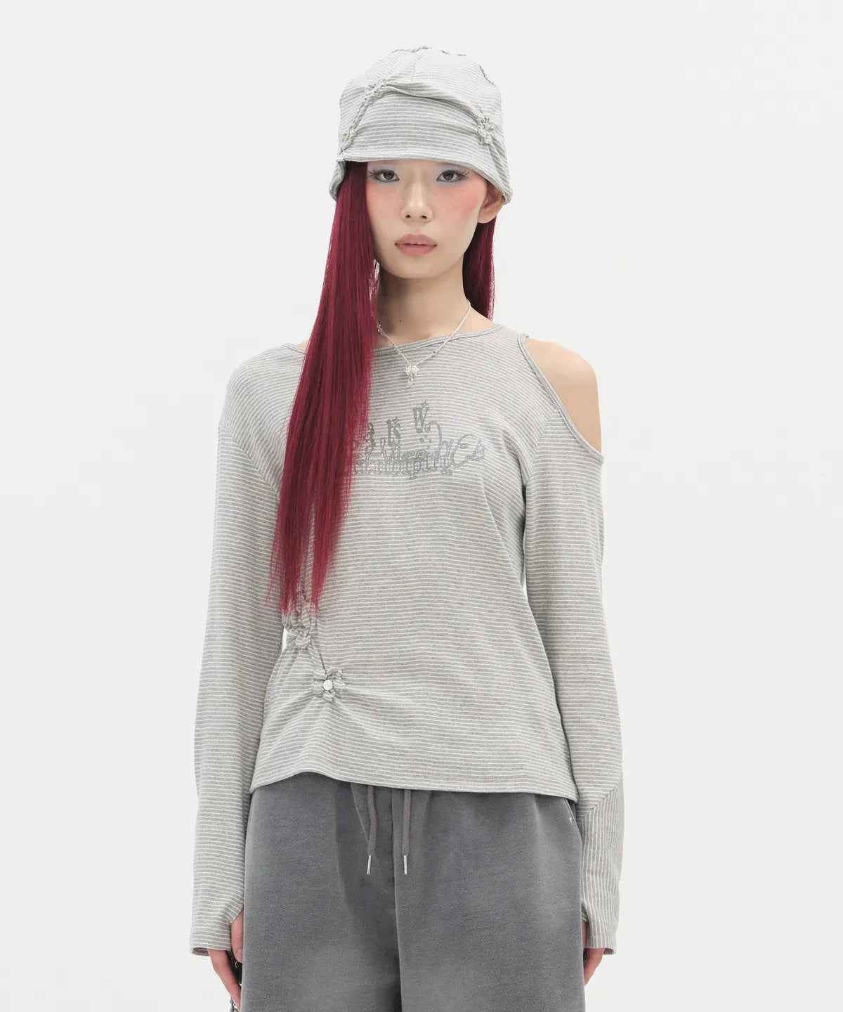 Flower Button Cut Out Top [Gray]