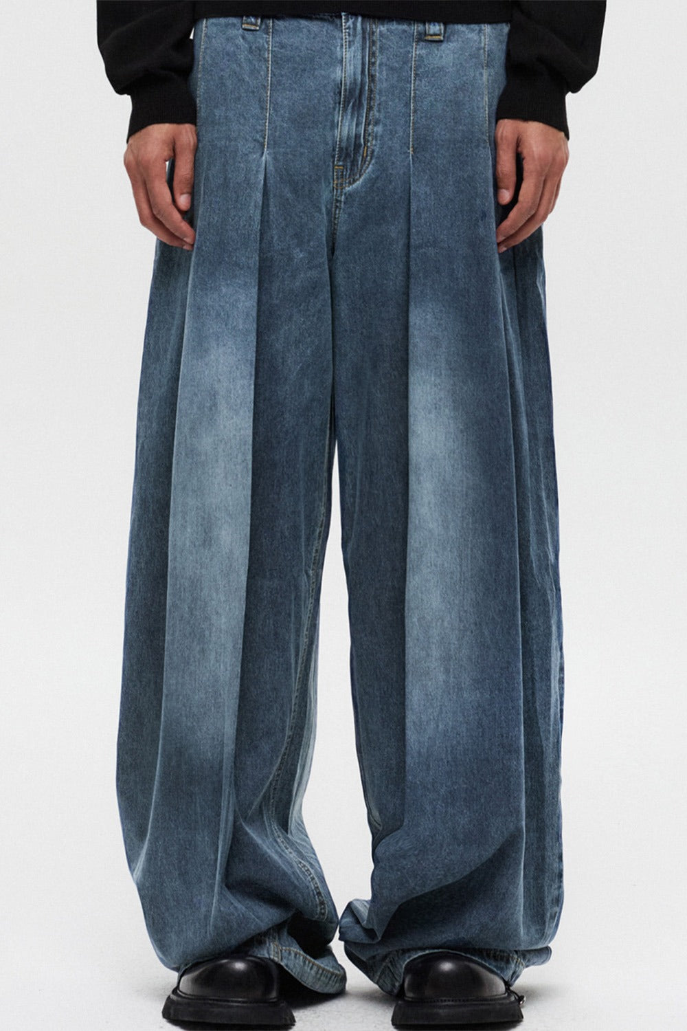Multi-Pleated Denim Pants (Blue)