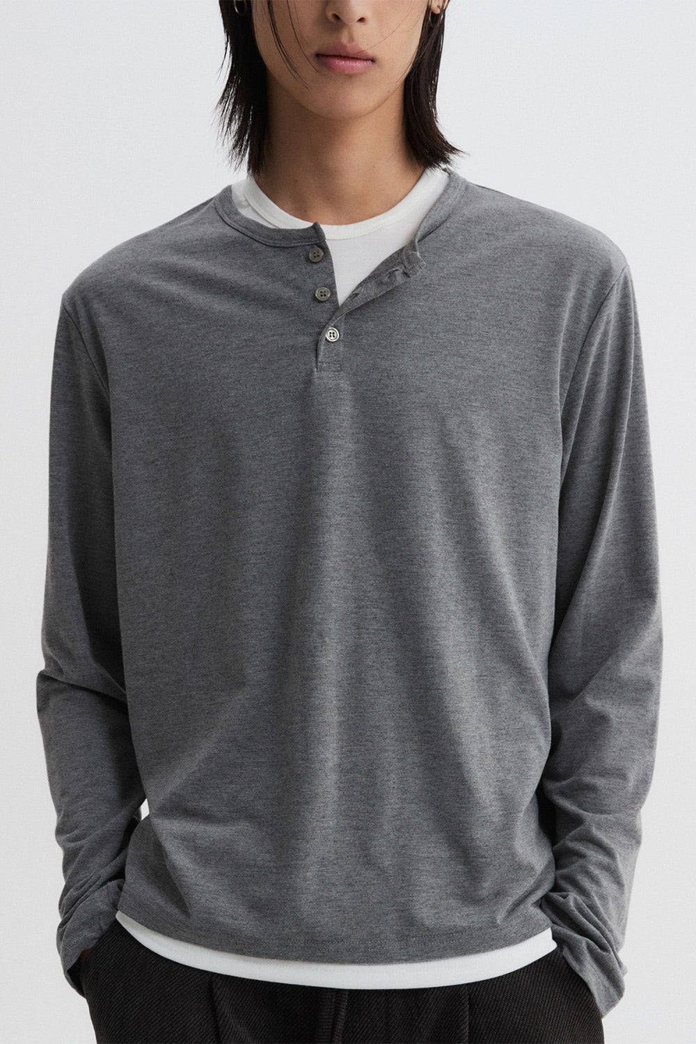 Layered Henley Neck Long Sleeve (Gray)