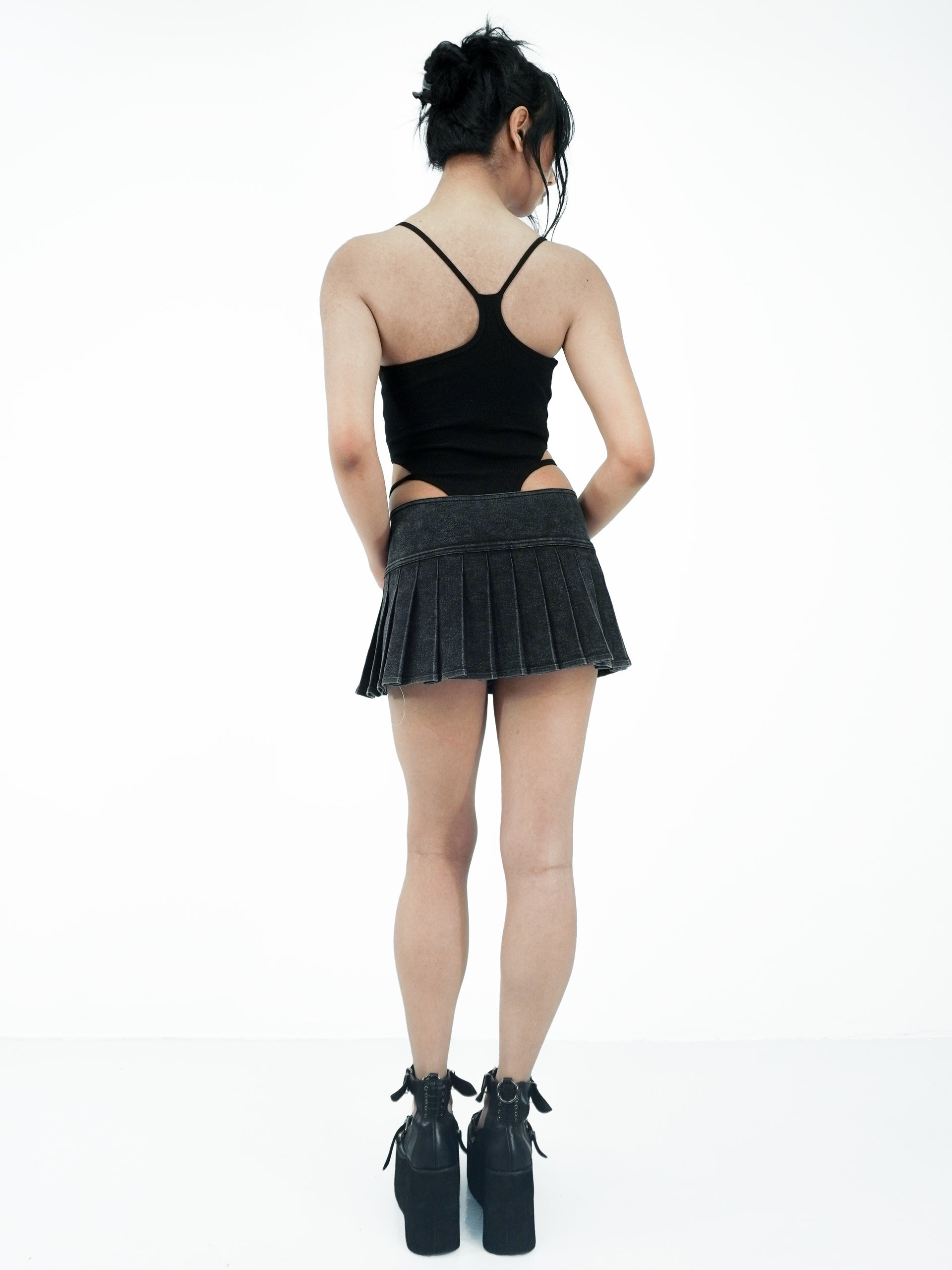 Pleated Denim Miniskirt - Black