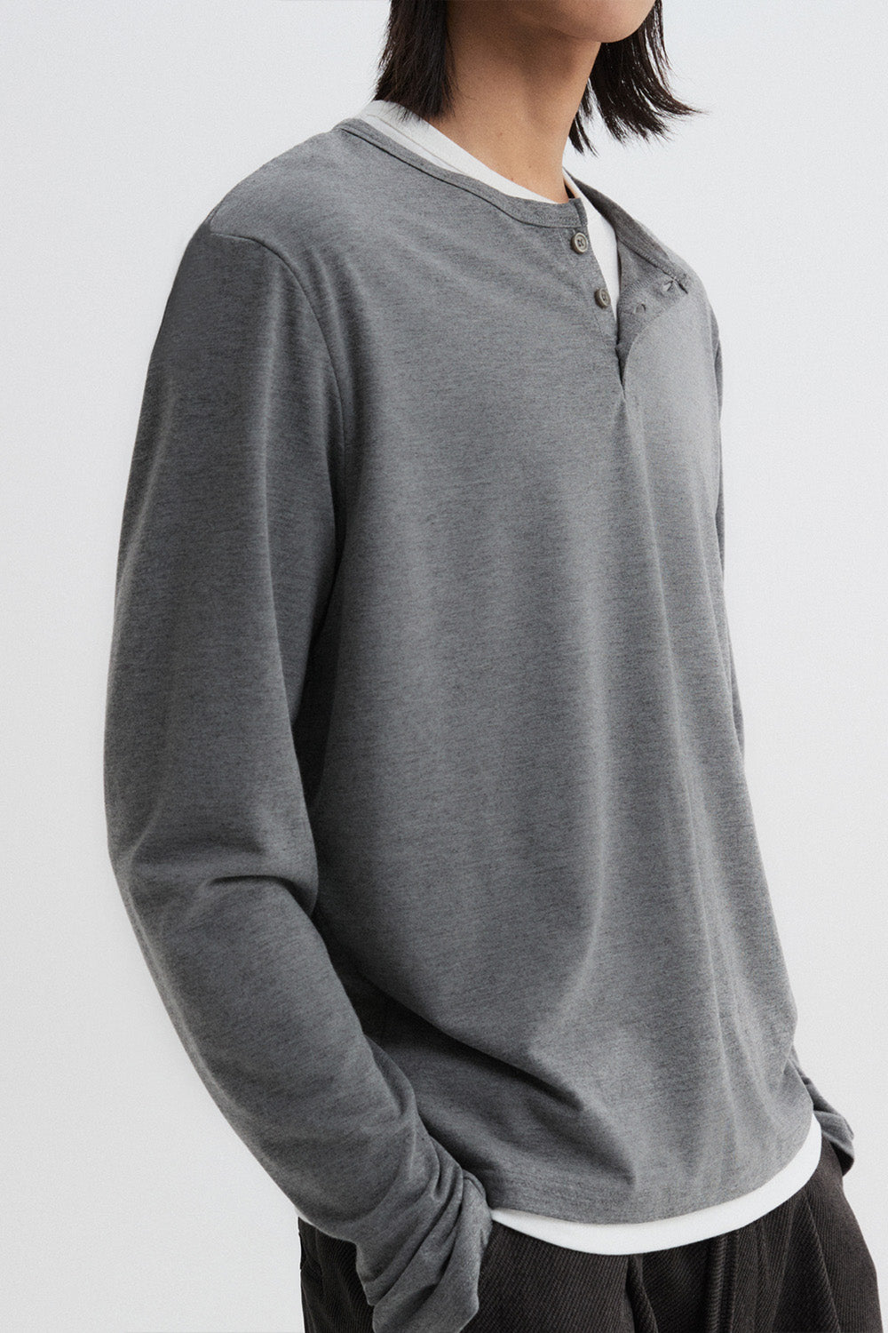 Layered Henley Neck Long Sleeve (Gray)