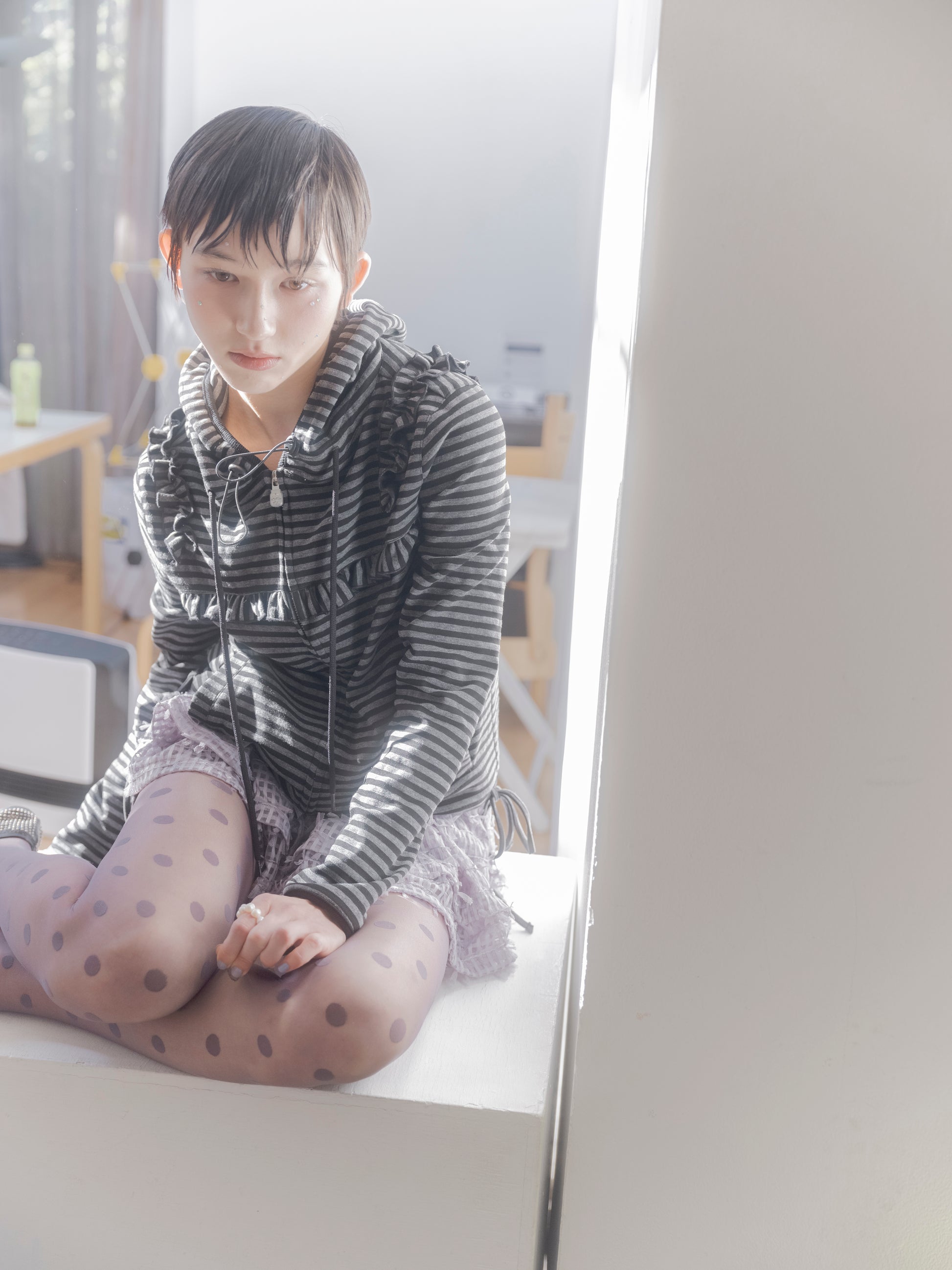 Ruffled Stripe Zip Hoodie