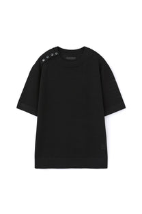 Side Button Henley Neck Half Knit Black