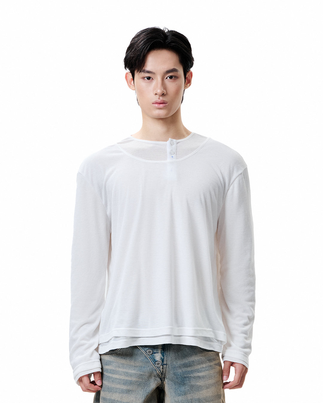 Layered Henley Long Sleeve - White