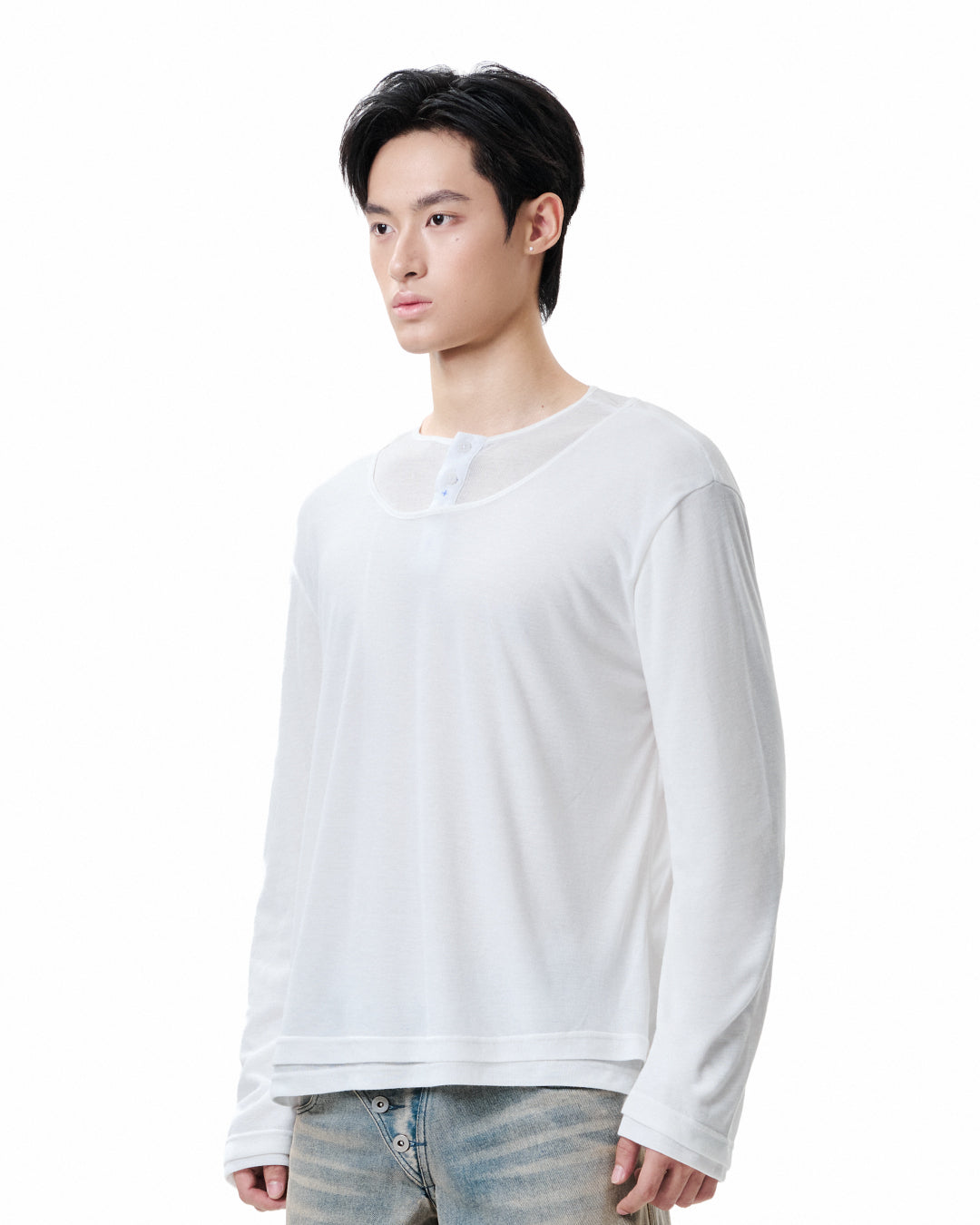 Layered Henley Long Sleeve - White