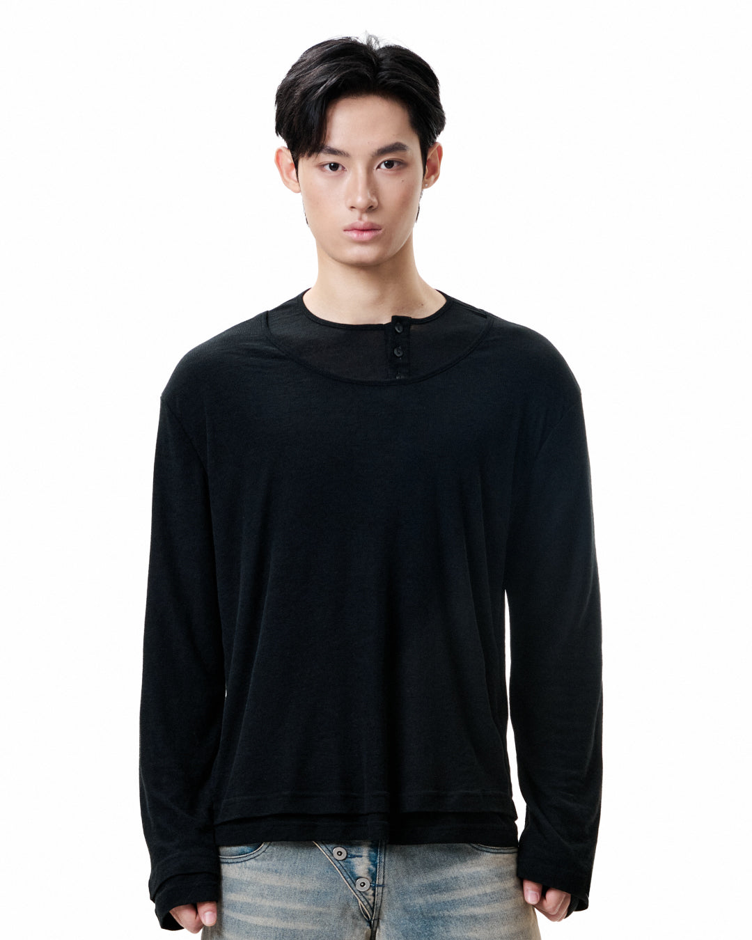 Layered Henley Long Sleeve - Black