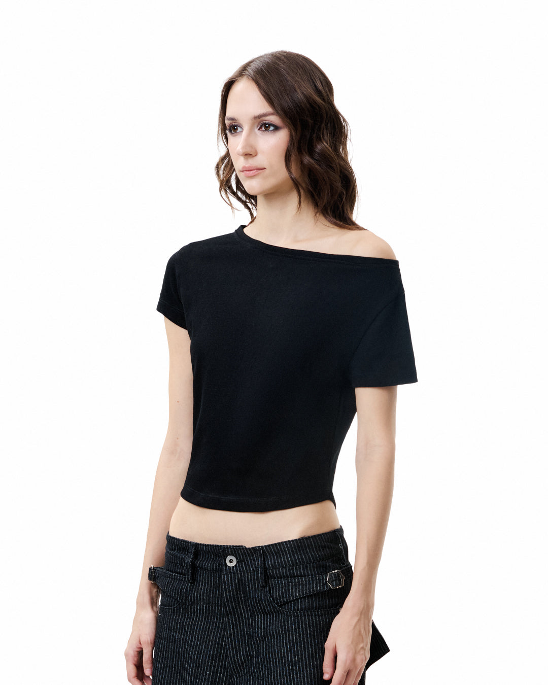 Asymmetric Cutout Slub Tee - Black