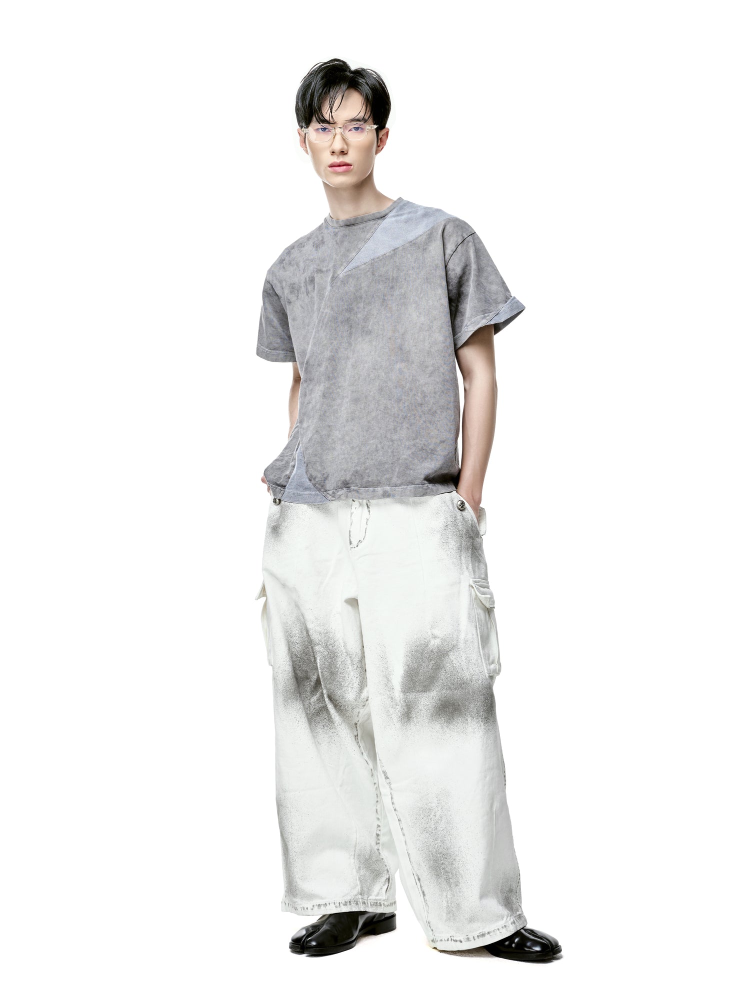 Grey Panelled Washed Cotton Jersey