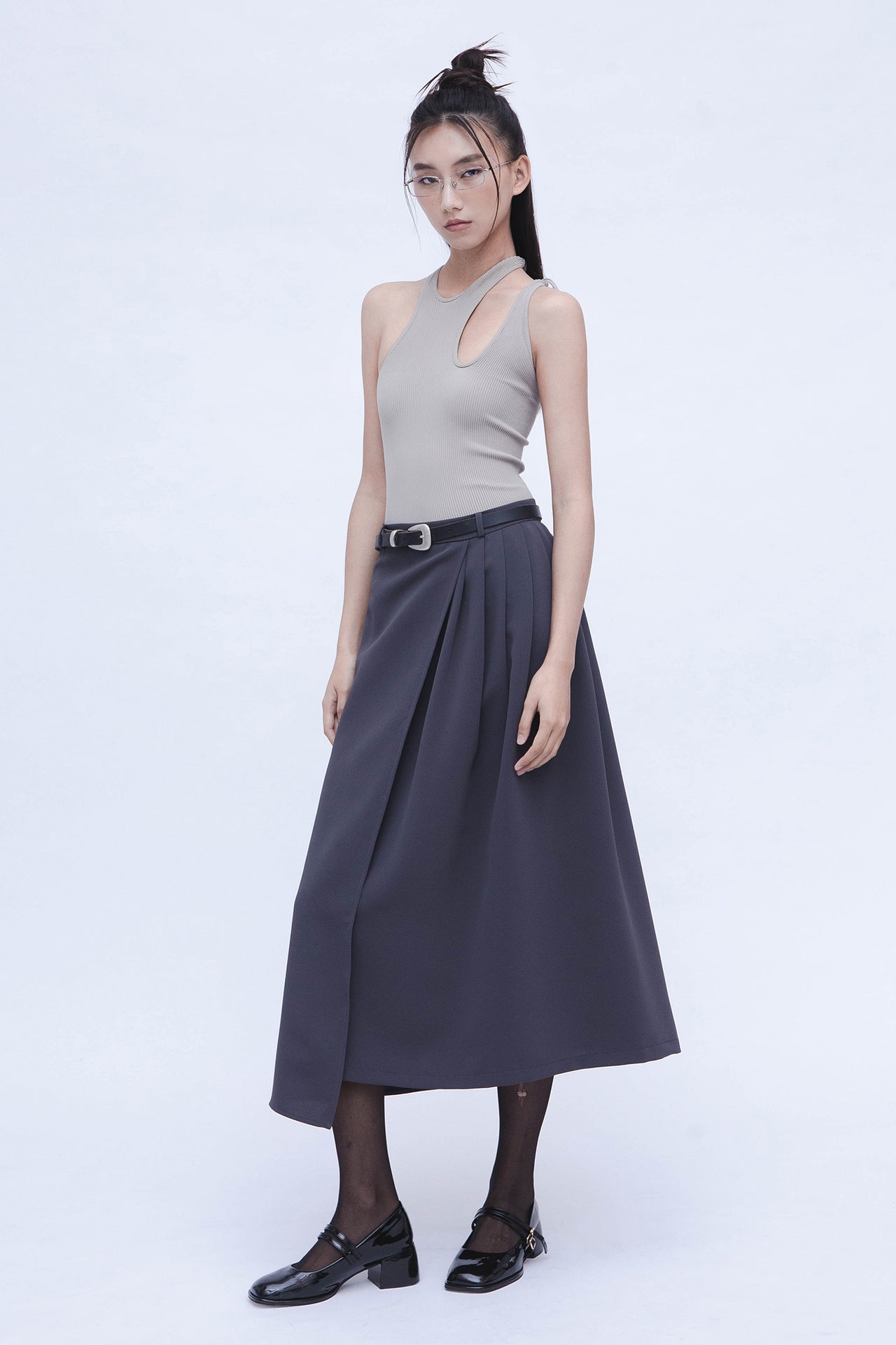 SEMI PLEATED SKIRT - GREY