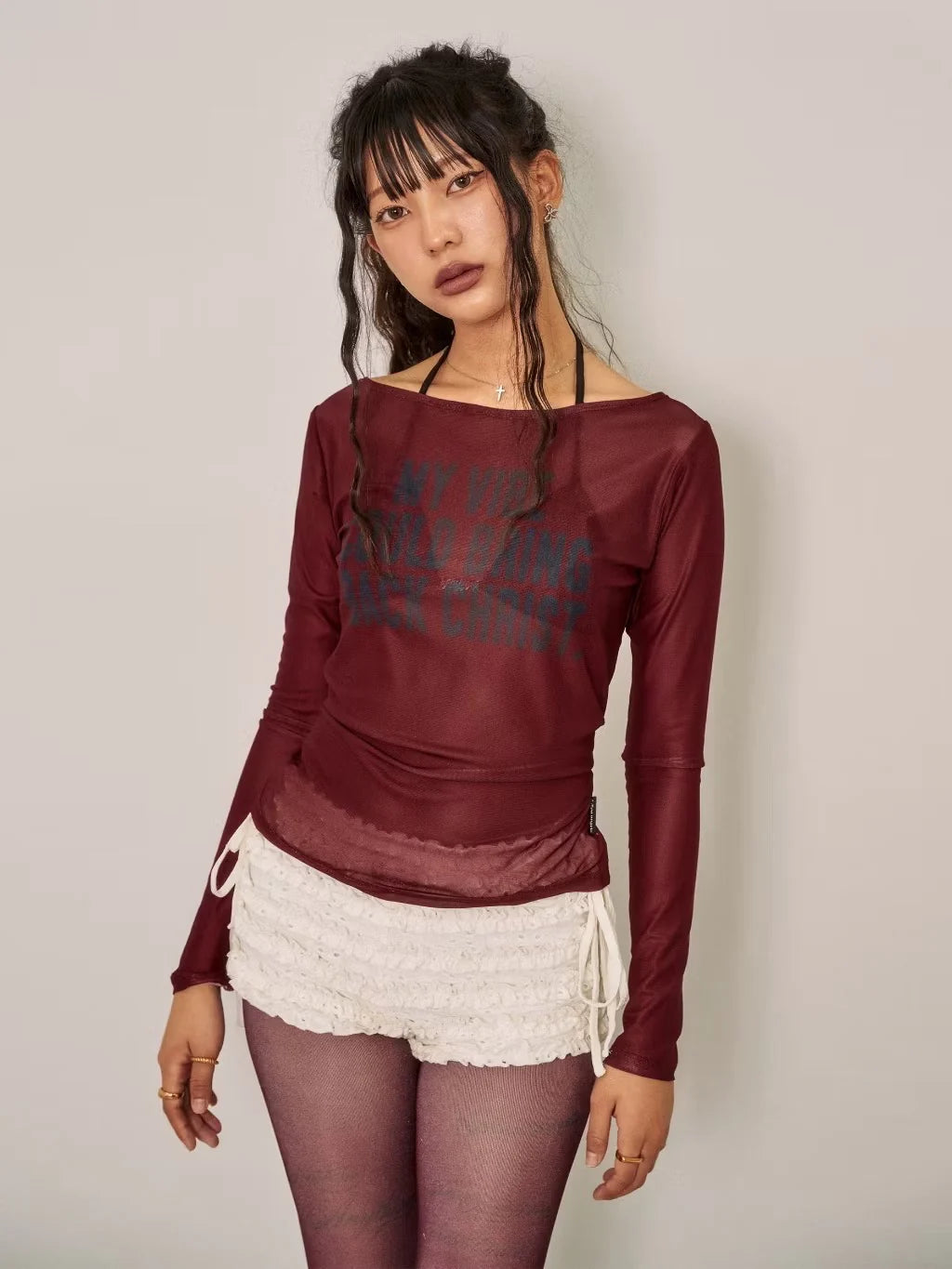 Long Sleeve Mesh Top (Red)