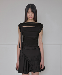 Asymmetrical Draped Strap Roll-Up T-Shirt (Black)