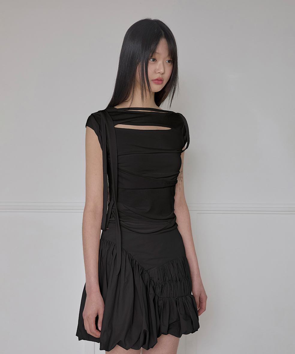 Asymmetrical Draped Strap Roll-Up T-Shirt (Black)