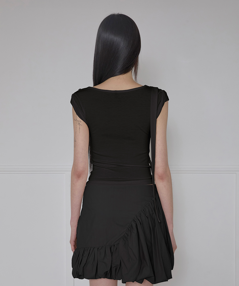 Asymmetrical Draped Strap Roll-Up T-Shirt (Black)