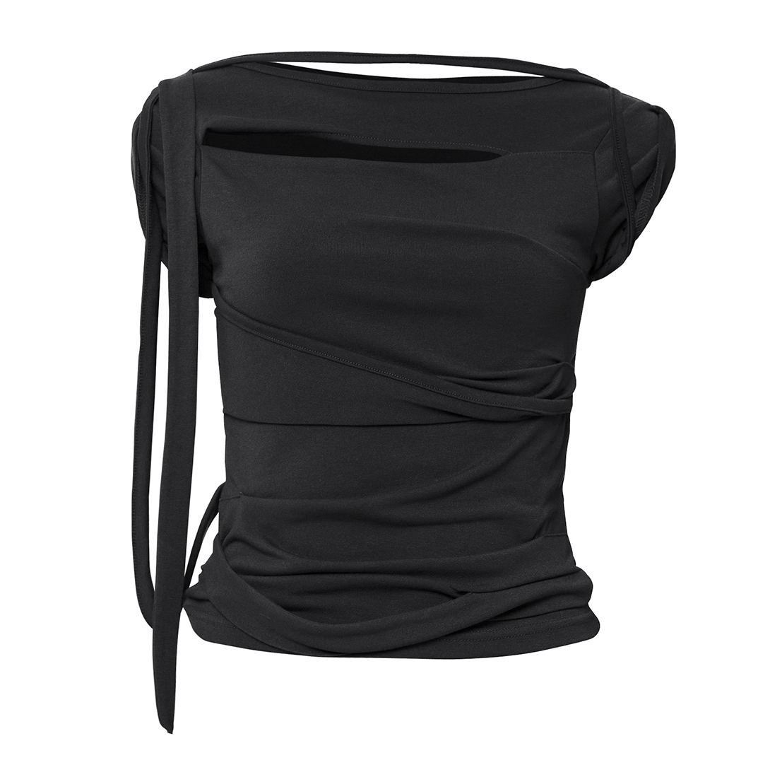 Asymmetrical Draped Strap Roll-Up T-Shirt (Black)