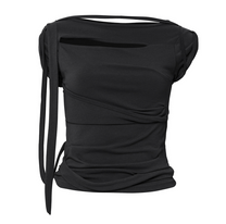 Asymmetrical Draped Strap Roll-Up T-Shirt (Black)