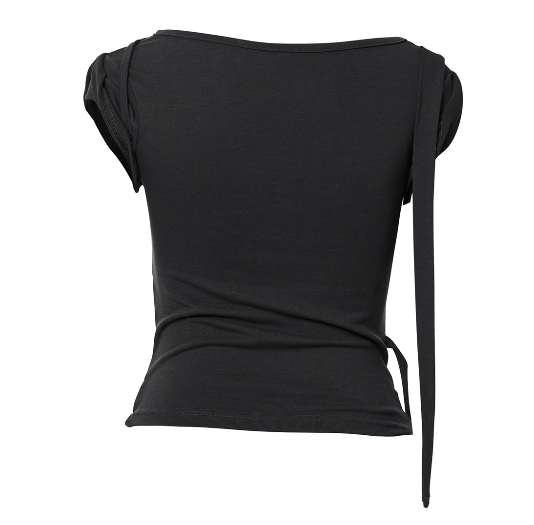 Asymmetrical Draped Strap Roll-Up T-Shirt (Black)